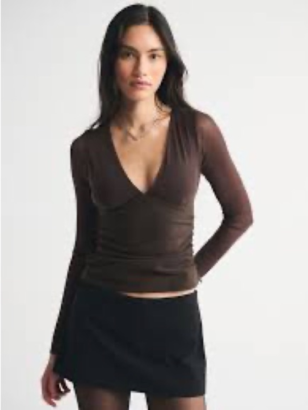 Abercrombie & Fitch Bra-Free Long-Sleeve Mesh Plunge Top in brown